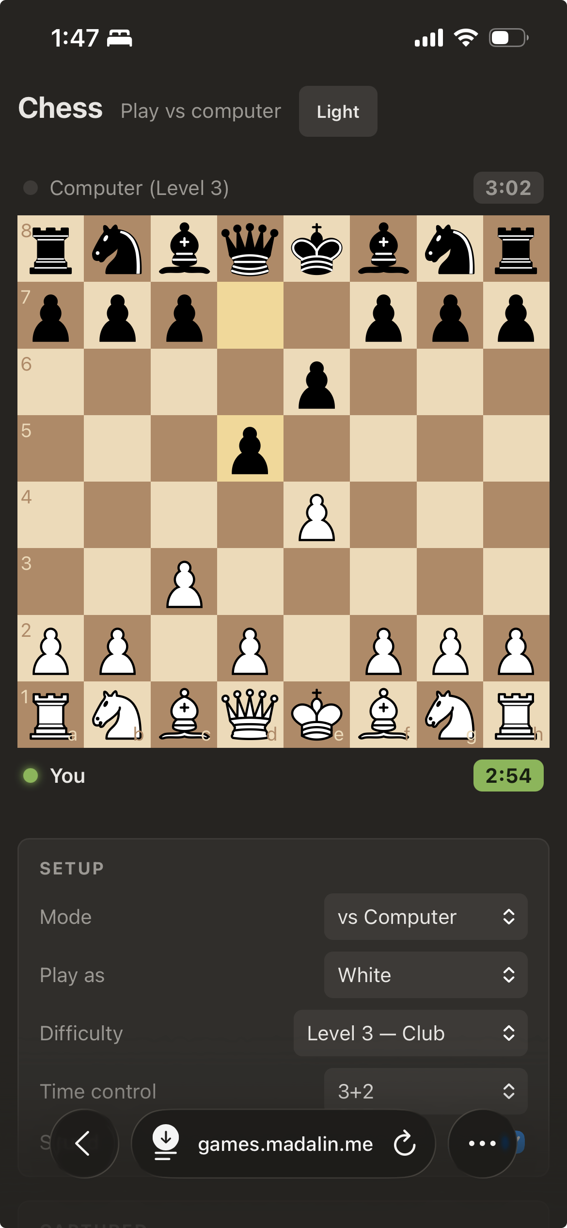 Chess game screenshot showing a board mid-game