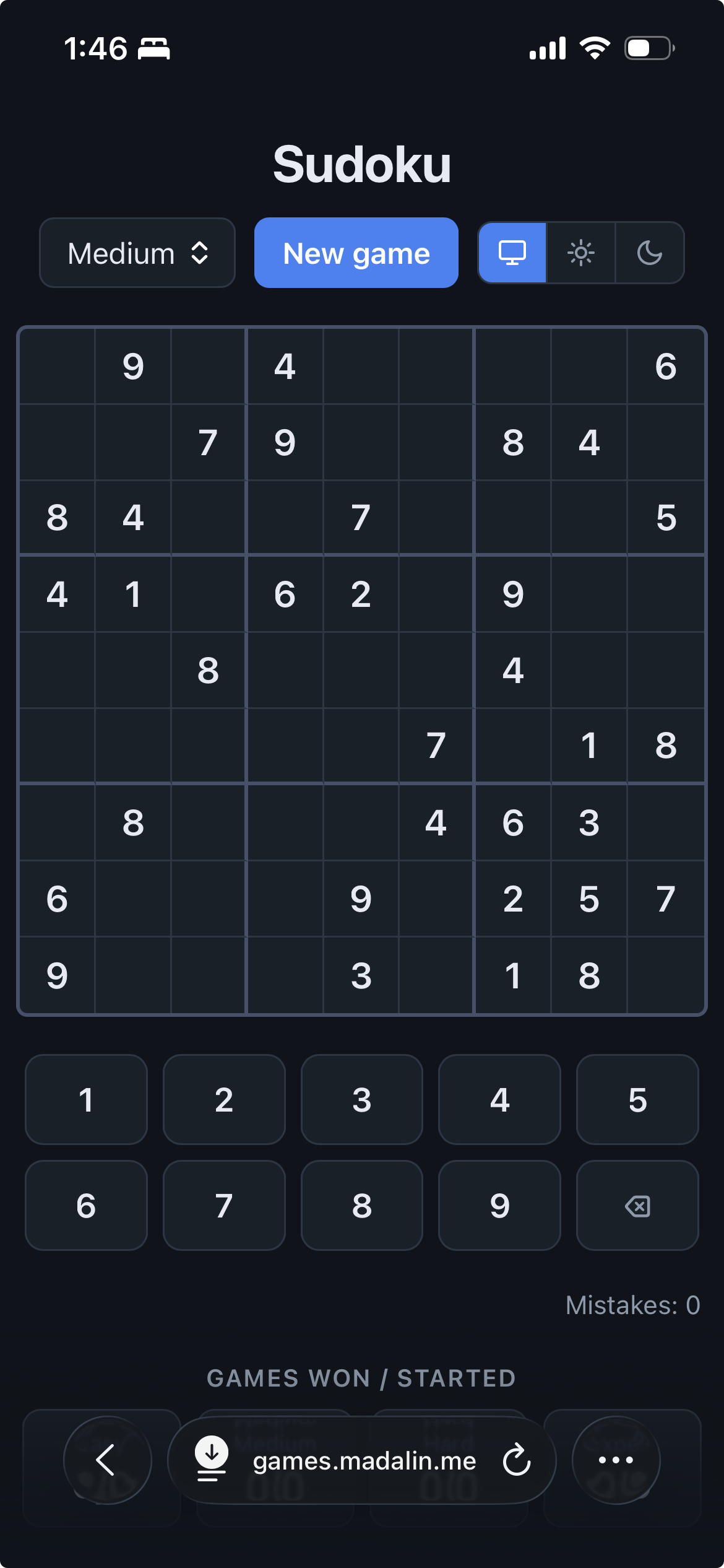 Sudoku game screenshot showing a 9x9 puzzle grid